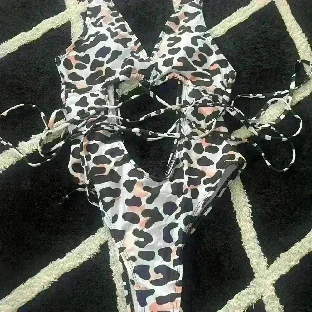 2 New Brazilian 1 Piece Swimsuit Black/yellow or White Cheetah Deep V Size S M L